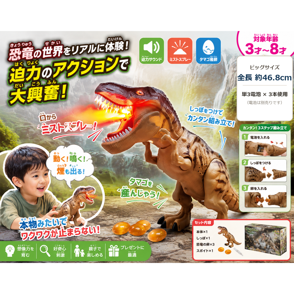 うごく恐竜ロボット 主な特長 ミストスプレー タマゴ産卵 迫力サウンド 対象年齢3才から8才